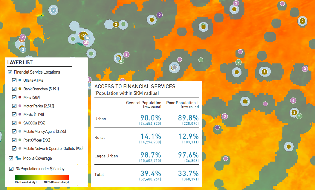 A financial access footprint is overlaid with high-resolution poverty and mobile coverage layers on Fspmaps.com 