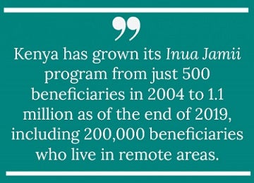 “Kenya has grown its Inua Jamii program from just 500 beneficiaries in 2004 to 1.1 million as of the end of 2019, including 200,000 beneficiaries who live in remote areas.”