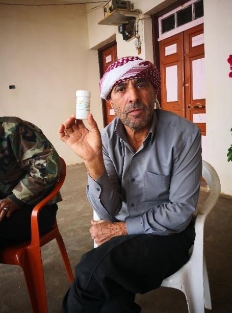 A man holds his bottle of pills in Akkar District, Lebanon. Photo: Altai Consulting