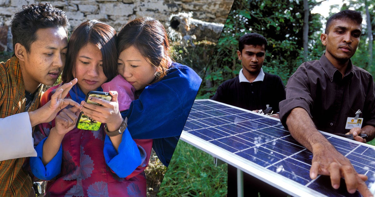 Smartphones and solar panels. Photo Left: Anindya Majumdar, 2017 CGAP Photo Contest. Photo Right: Dominic Sansoni, World Bank