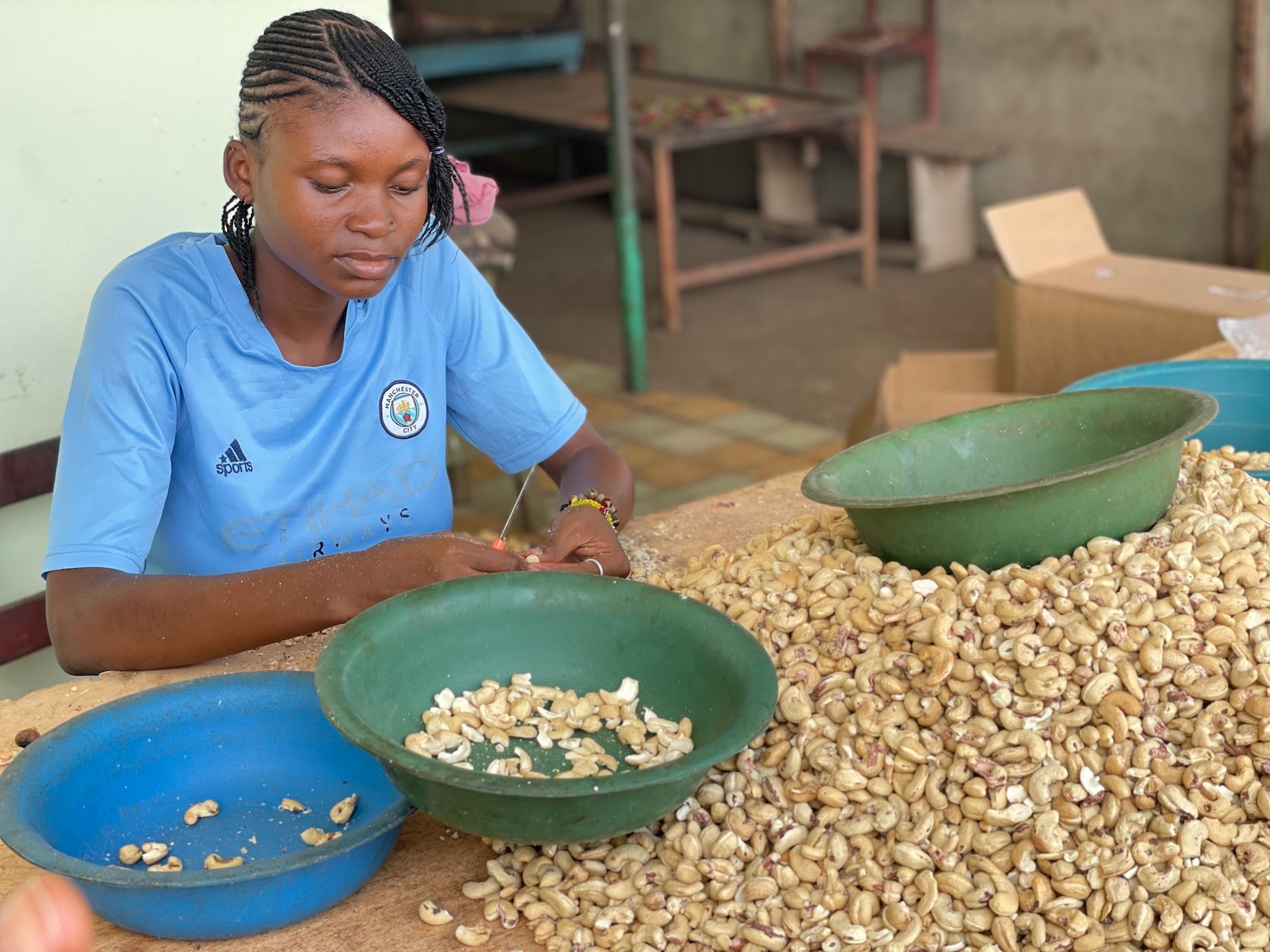 A woman shells cashew nuts