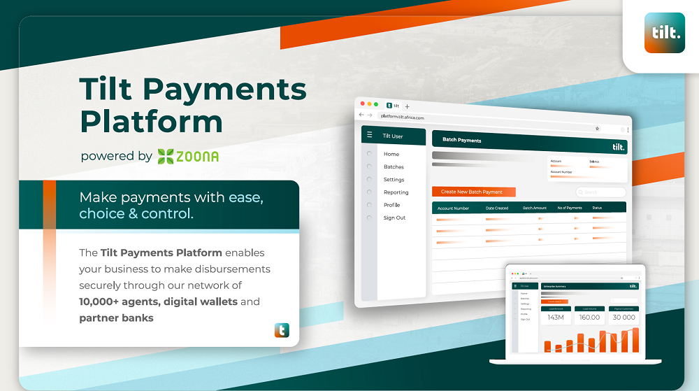 Zoona recently launched the Tilt Payments Platform. Through the platform, APIs enable businesses send and receive payments in cash or digital, utilizing the Tilt network of cash agents, mobile money wallets and partner banks.