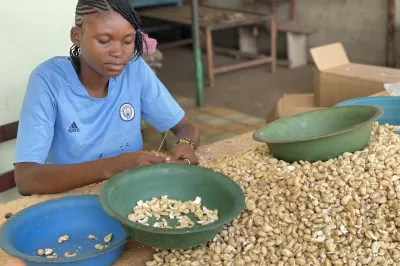 A woman shells cashews