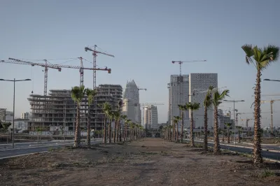 A city skyline with cranes and palm trees