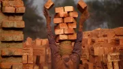 A brick worker carries bricks in a stack.